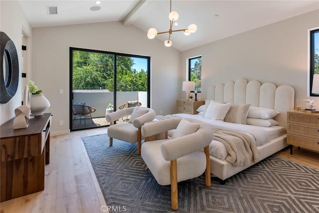 bedroom with hardwood / wood-style flooring, lofted ceiling with beams, access to outside, and an inviting chandelier