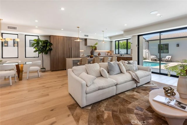 living room featuring light hardwood / wood-style flooring and sink