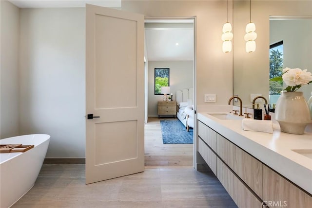 bathroom featuring wood-type flooring, vanity, and a bathing tub