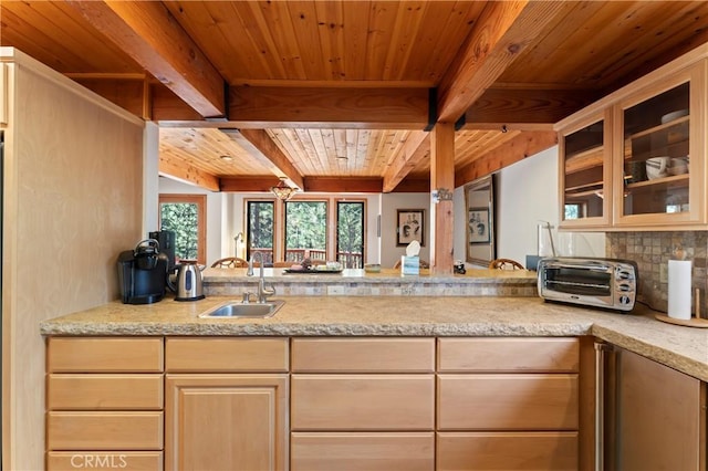 kitchen with beam ceiling, wood ceiling, sink, and light brown cabinetry