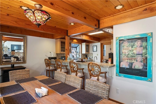 dining space with hardwood / wood-style floors, wood ceiling, and beamed ceiling