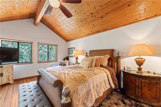 bedroom with ceiling fan, wooden ceiling, lofted ceiling with beams, and hardwood / wood-style flooring