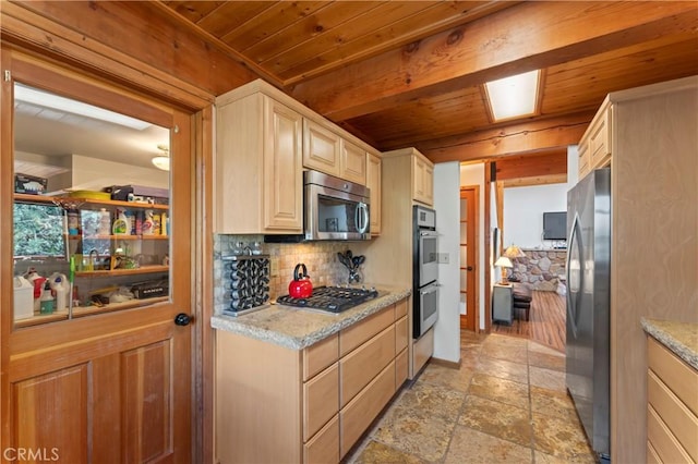 kitchen featuring appliances with stainless steel finishes, tasteful backsplash, light stone counters, and wood ceiling