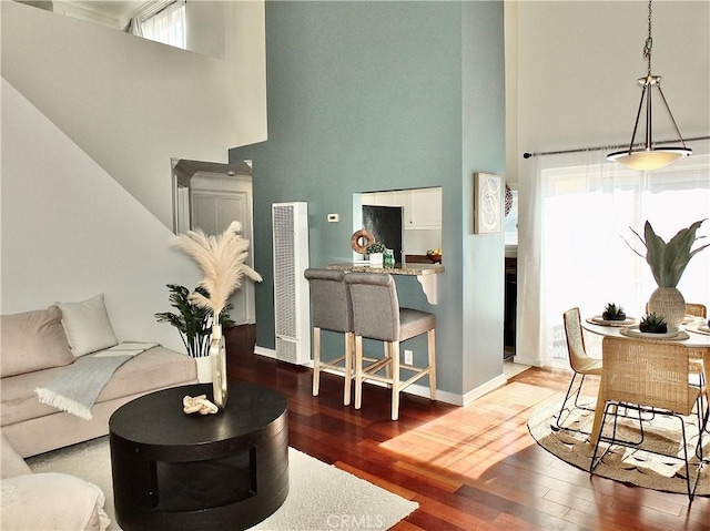 living room featuring wood-type flooring and a high ceiling