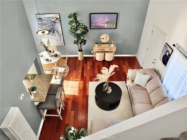 living room featuring dark wood-type flooring