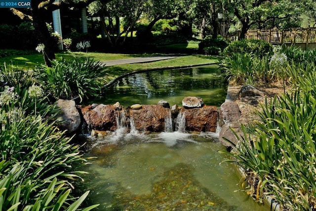 view of yard featuring a small pond