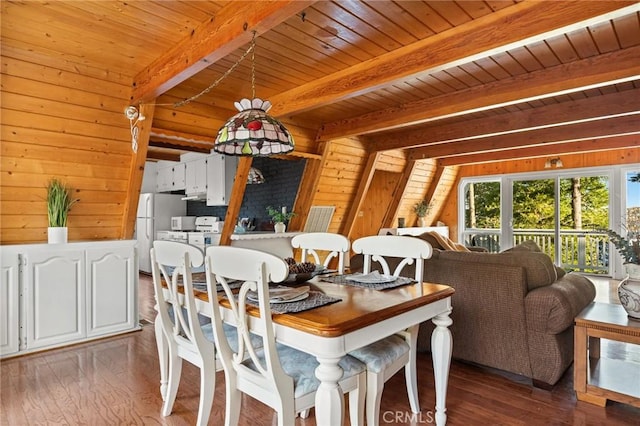 dining area featuring beam ceiling, wood walls, dark hardwood / wood-style flooring, and wooden ceiling