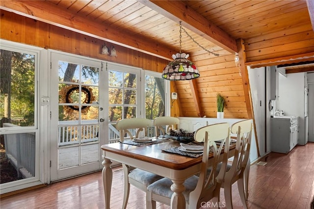 dining space with hardwood / wood-style flooring, beam ceiling, wooden ceiling, and wooden walls