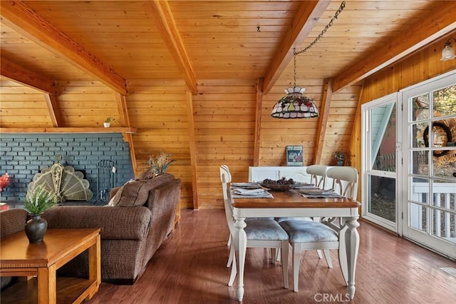 dining room with beamed ceiling, dark hardwood / wood-style floors, wooden walls, and wood ceiling