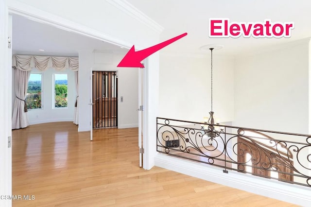 hallway with a notable chandelier, ornamental molding, and hardwood / wood-style floors