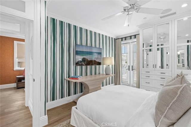 930 E Balboa Blvd, Newport Beach, CA 92661 - bedroom with crown molding, baseboards, wood finished floors, wallpapered walls, and a ceiling fan