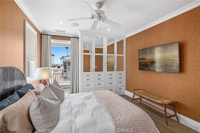 930 E Balboa Blvd, Newport Beach, CA 92661 - bedroom featuring crown molding, access to exterior, wood finished floors, baseboards, and wallpapered walls