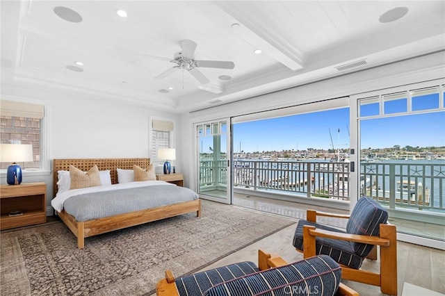 930 E Balboa Blvd, Newport Beach, CA 92661 - bedroom with access to exterior, a water view, beamed ceiling, recessed lighting, and crown molding
