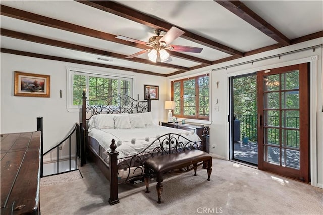 bedroom featuring light carpet, beam ceiling, access to outside, and ceiling fan