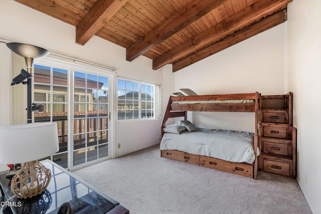 bedroom featuring vaulted ceiling with beams, wooden ceiling, and light carpet