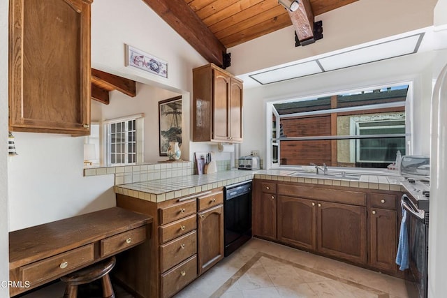 kitchen with tile countertops, wooden ceiling, black appliances, sink, and vaulted ceiling with beams