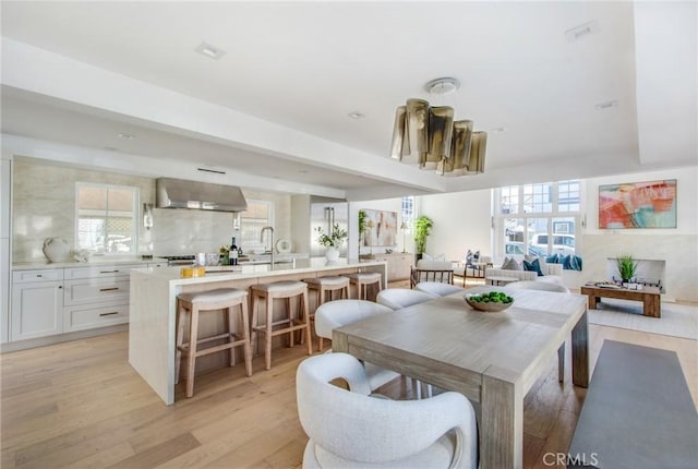 dining area featuring light hardwood / wood-style floors, a healthy amount of sunlight, and sink