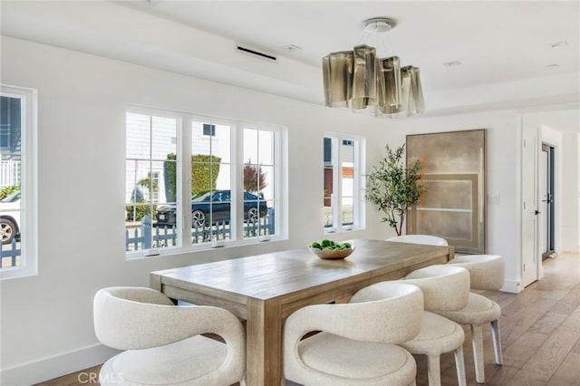 dining room with a tray ceiling and light hardwood / wood-style flooring