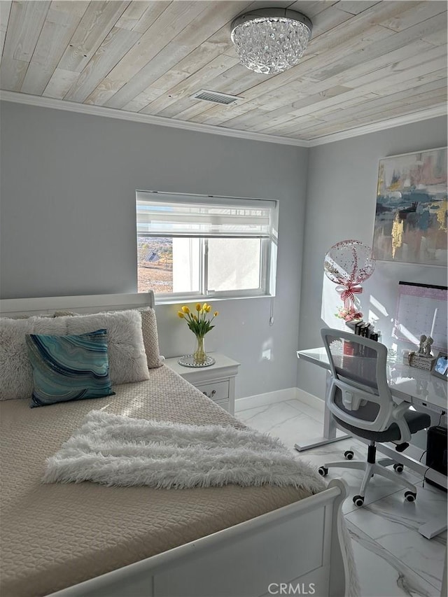 bedroom with marble finish floor, visible vents, ornamental molding, wood ceiling, and baseboards