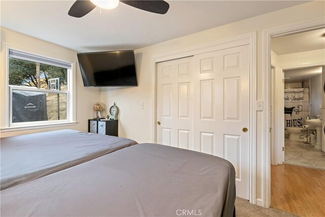 bedroom featuring ceiling fan and a closet