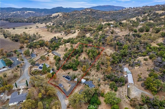 birds eye view of property featuring a mountain view