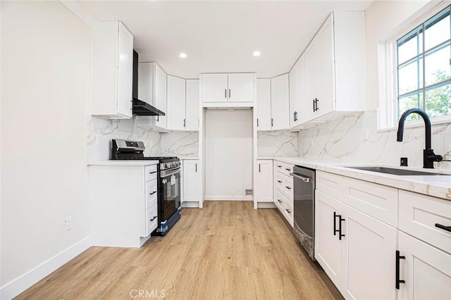 kitchen featuring white cabinetry, stainless steel appliances, sink, and wall chimney range hood