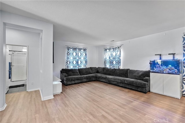 living room featuring light wood-type flooring and a textured ceiling