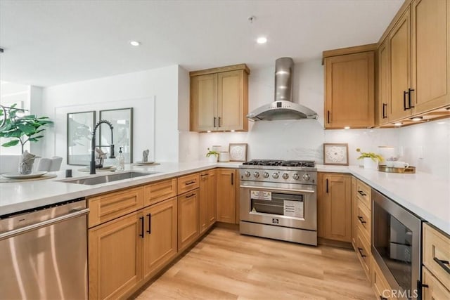 kitchen featuring sink, wall chimney exhaust hood, stainless steel appliances, tasteful backsplash, and light hardwood / wood-style flooring