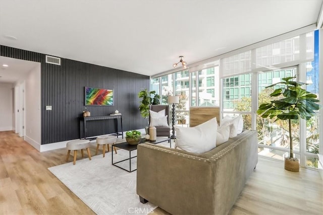 living room featuring expansive windows and light wood-type flooring