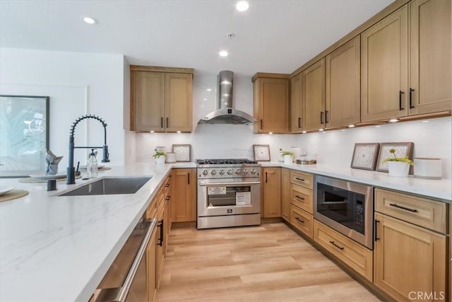 kitchen featuring light stone countertops, sink, wall chimney range hood, light hardwood / wood-style flooring, and appliances with stainless steel finishes