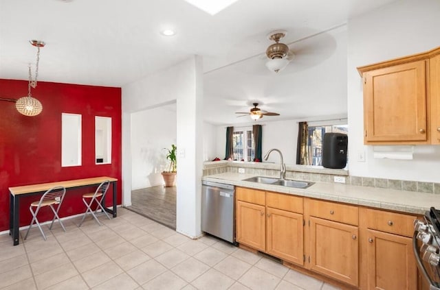 kitchen with ceiling fan, sink, pendant lighting, and appliances with stainless steel finishes