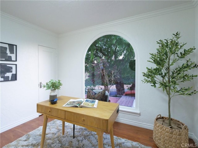 office area with ornamental molding, wood finished floors, and baseboards