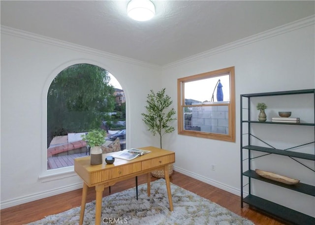 office featuring crown molding, baseboards, and wood finished floors