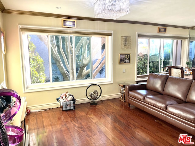 interior space featuring wood-type flooring, an inviting chandelier, ornamental molding, and a healthy amount of sunlight