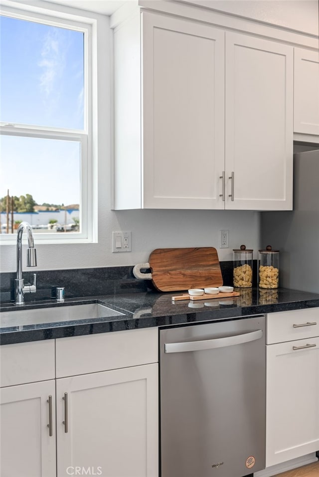 kitchen with white cabinetry, a wealth of natural light, and dishwasher