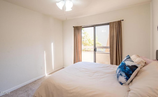 bedroom with access to outside, ceiling fan, and carpet