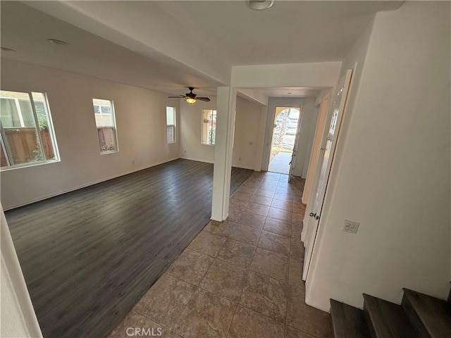 foyer entrance with ceiling fan and dark hardwood / wood-style flooring