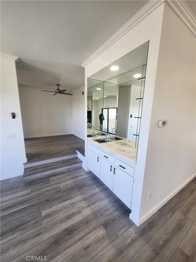 bathroom featuring hardwood / wood-style flooring, ceiling fan, vanity, and crown molding