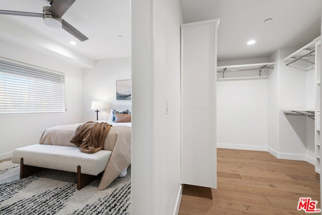 spacious closet with ceiling fan and light hardwood / wood-style floors