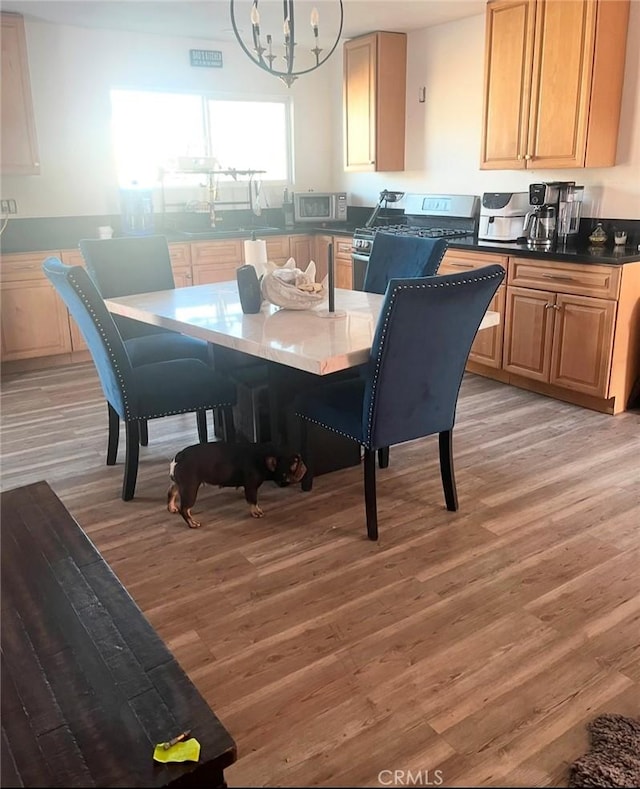 dining space featuring sink, hardwood / wood-style floors, and a chandelier