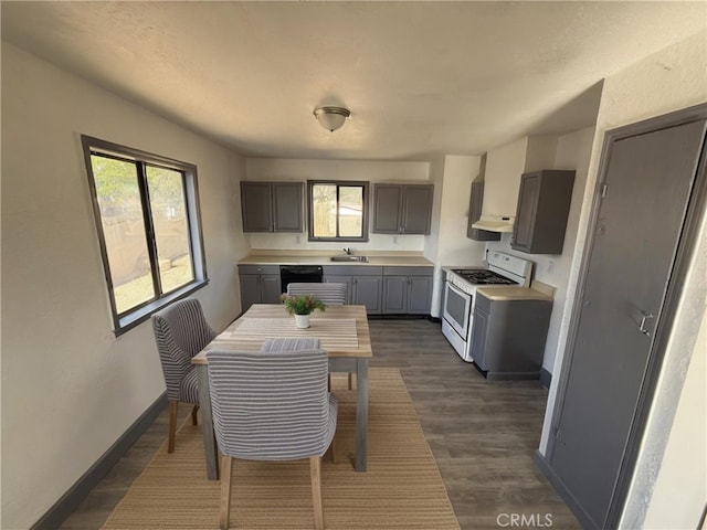 kitchen featuring gray cabinetry, sink, black dishwasher, dark hardwood / wood-style floors, and electric stove