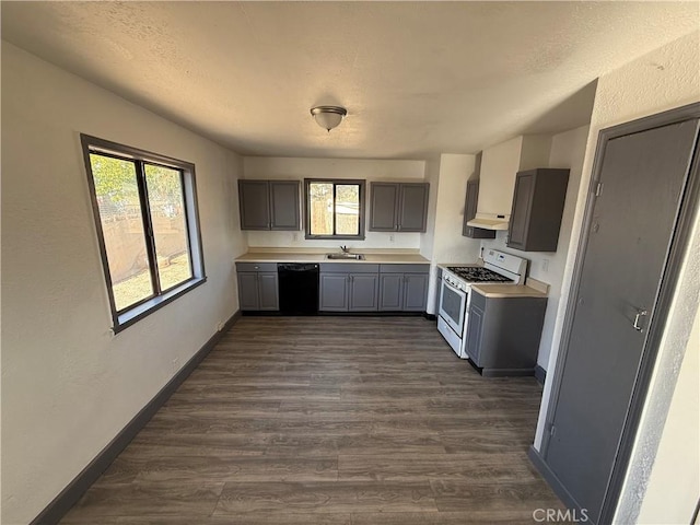 kitchen featuring gray cabinetry, white range, sink, dishwasher, and dark hardwood / wood-style floors