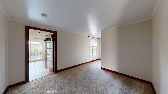 carpeted empty room featuring crown molding