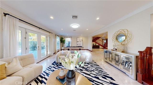 living room with crown molding, french doors, light tile patterned floors, and billiards