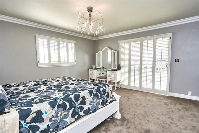 carpeted bedroom with ornamental molding and a chandelier