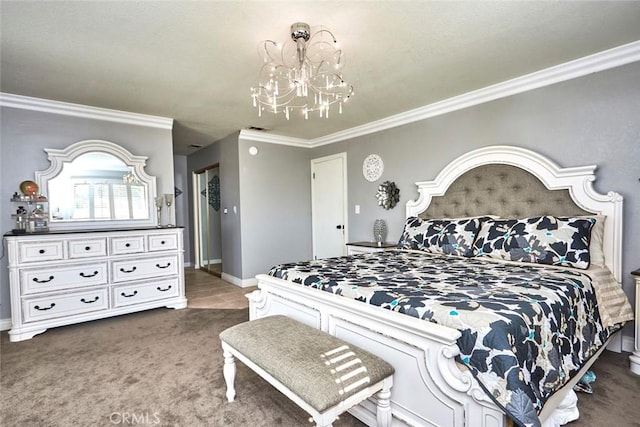 carpeted bedroom with a chandelier and crown molding