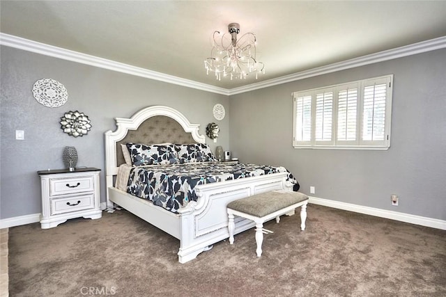 bedroom featuring a chandelier, dark carpet, and crown molding