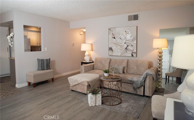 living room featuring a textured ceiling and hardwood / wood-style flooring