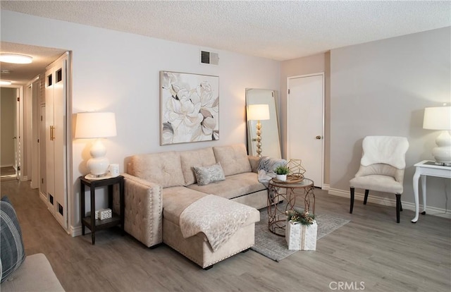 living room with wood-type flooring and a textured ceiling