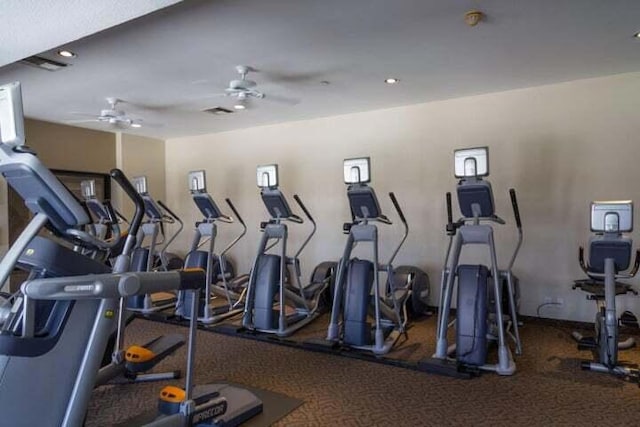 workout area with ceiling fan